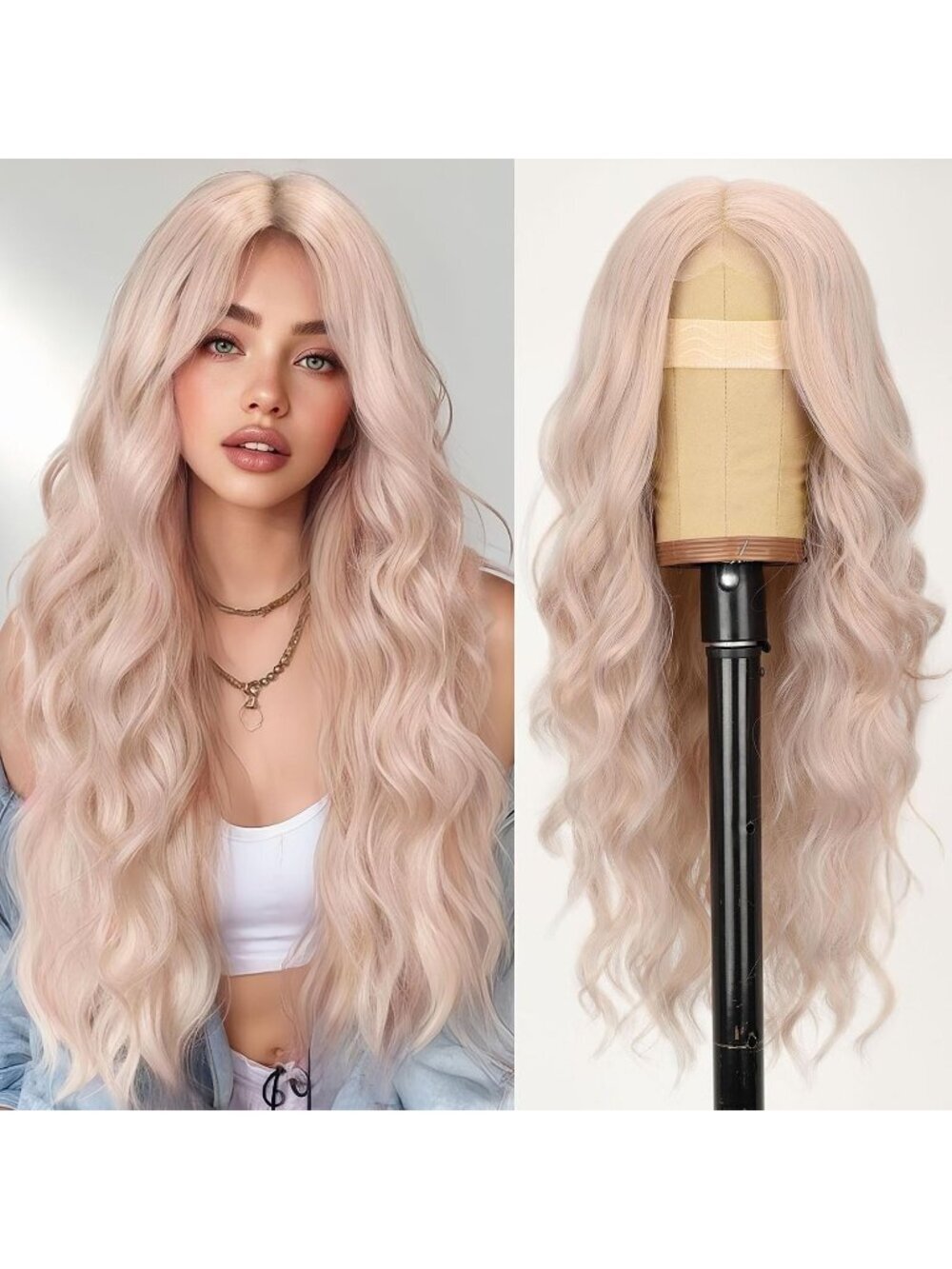 Women's Light Pink Lace Hairline 26 Inch Synthetic Heat Resistant Wavy Wigs